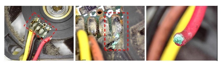 DC Fan Failure example with corrosion at soldering area
