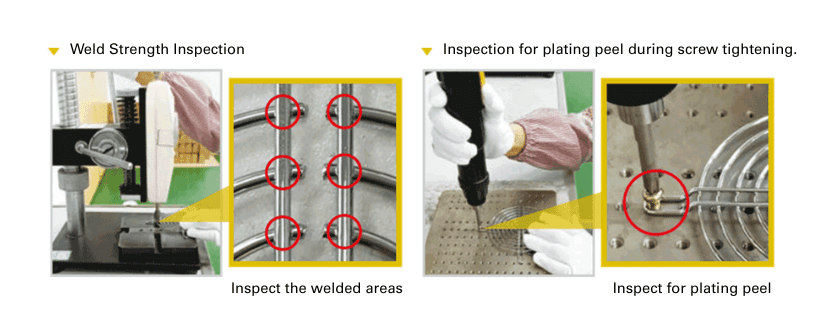 Close-ups of finger guard welds and coating inspections.