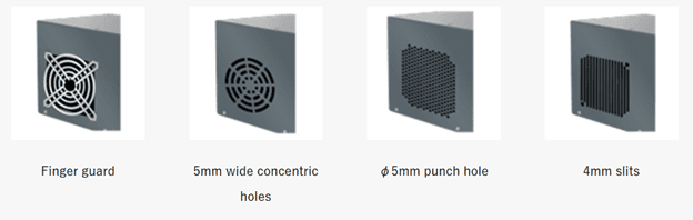 Four cooling fan finger guard designs side-by-side: wire, concentric holes, round holes, and narrow slits.