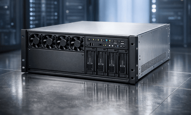 Rackmount server chassis with front-mounted cooling fans and drive bays in a data center setting.