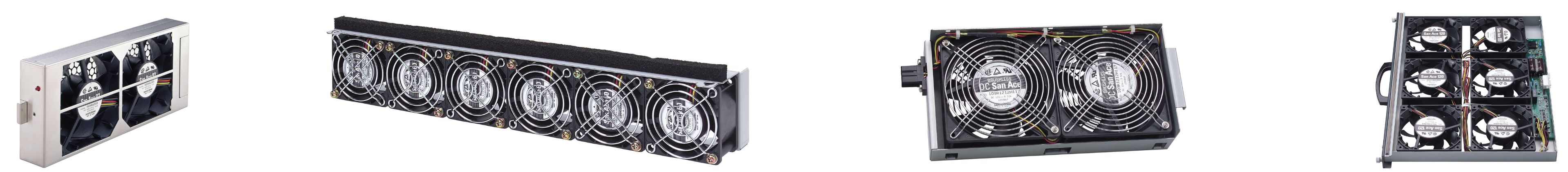 Examples of custom fan tray assemblies in different sizes and configurations for electronics cooling applications.