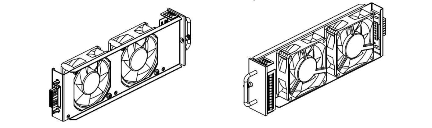 Drawing of a fan tray assembly with two cooling fans, housing, guards, and mounting screws.