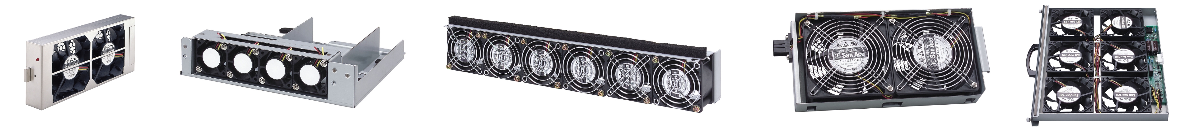 Examples of custom fan tray assemblies in different sizes and configurations for electronics cooling applications.