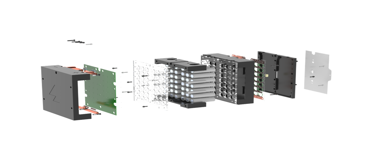 Exploded view of a modular storage drive showing enclosure, controller PCB, heatsink stack, and interface boards.