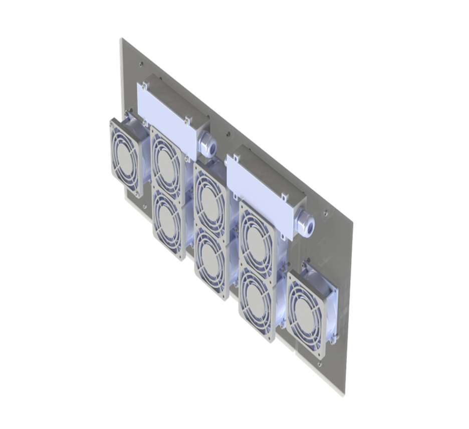 Isometric view of a metal backplane with six cooling fans mounted in a row, each fan protected by a circular grille and connected to rectangular housings on the panel