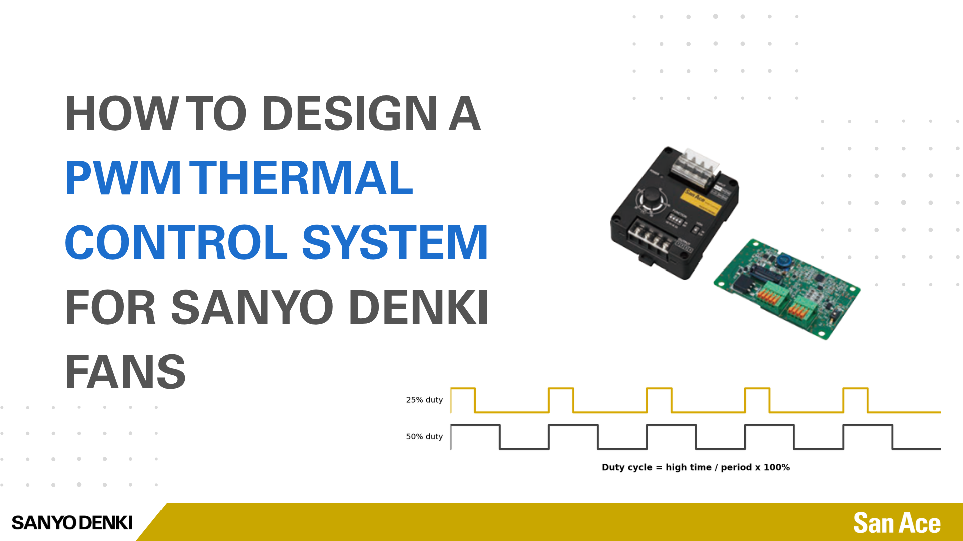 PWM thermal control system for SANYO DENKI fans showing PWM controllers and 25% and 50% duty-cycle waveforms